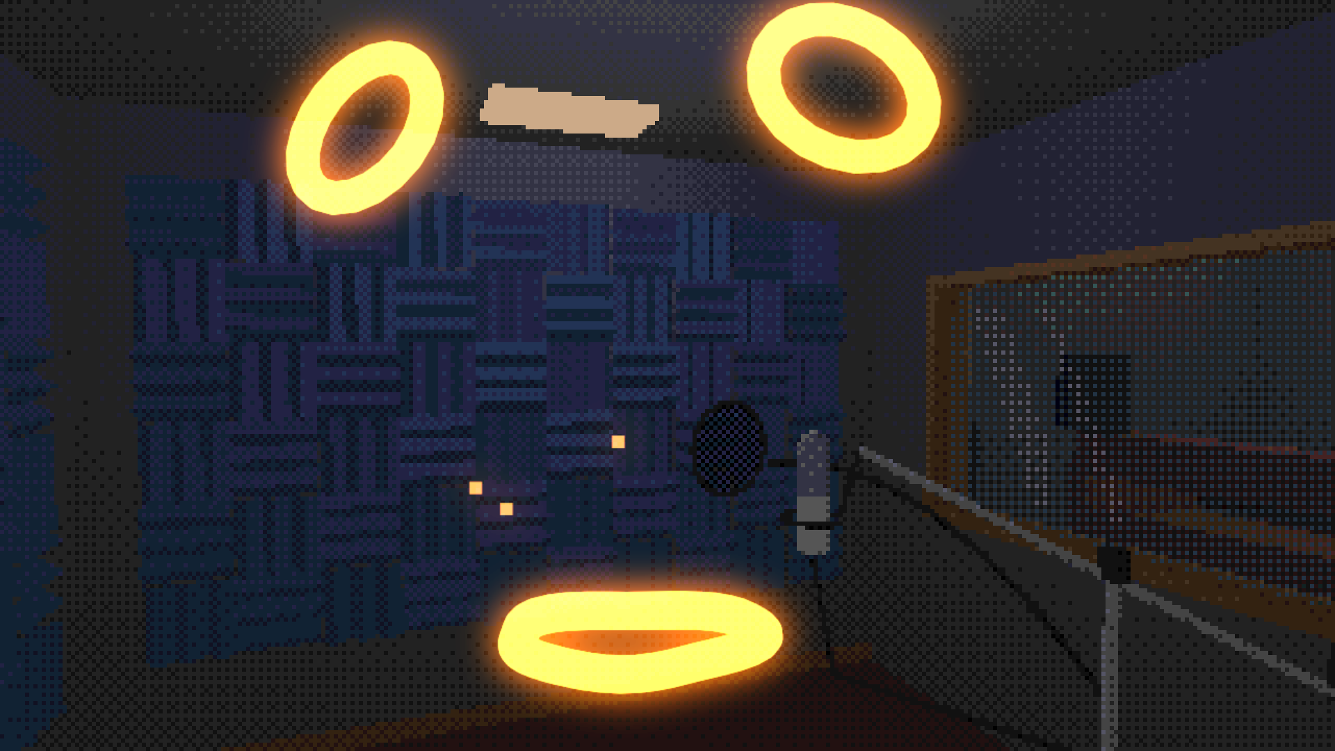 a giant glowing line face filling a retro recording booth, from take seventeen