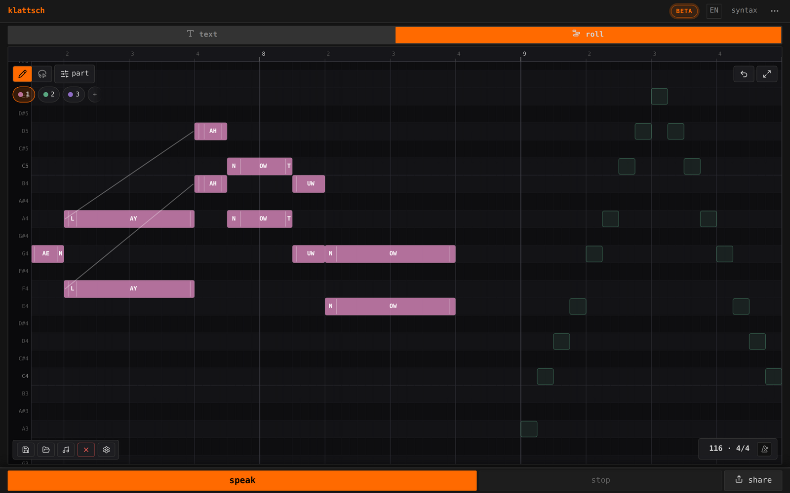 the klattsch desktop app showing the piano-roll editor