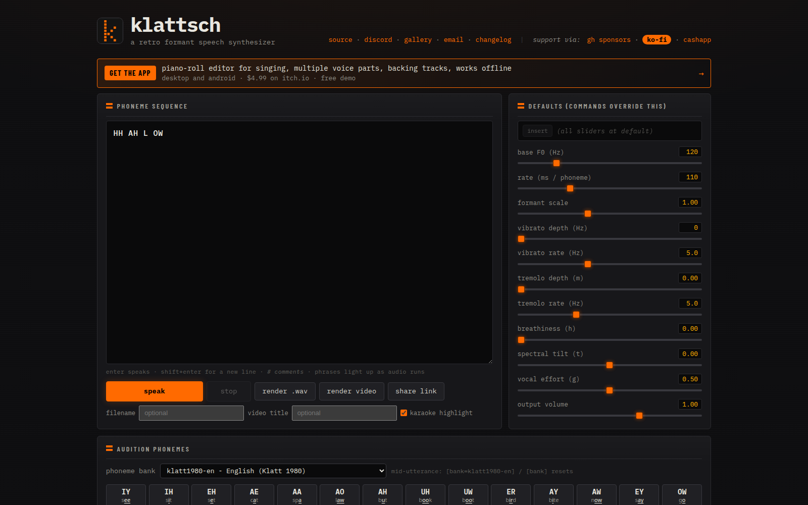 Current klattsch browser instrument showing the phoneme editor and voice controls